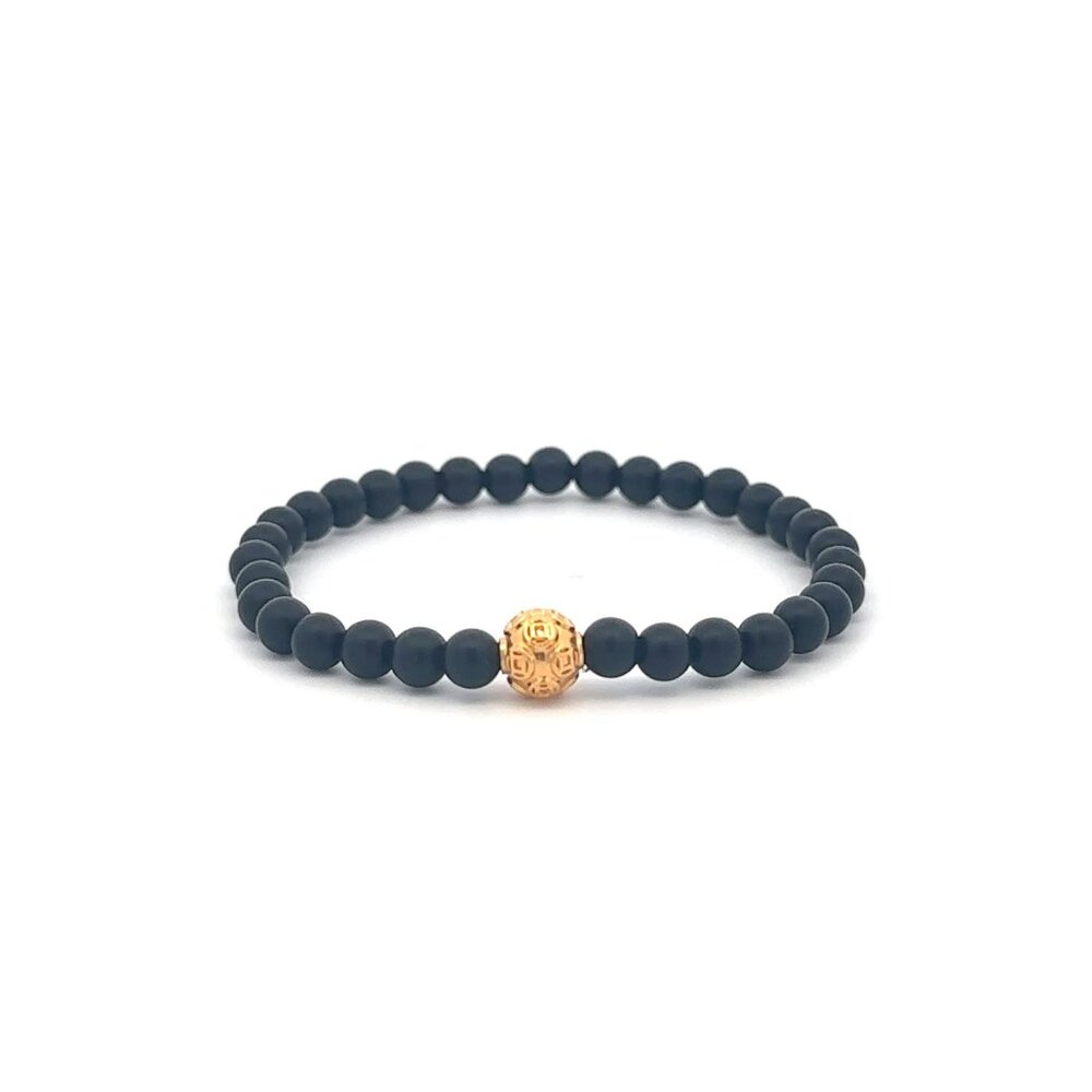 18K Gold Money Coin Ball Lucky Bracelet Mini Gemstones Black Matte Onyx 4mm